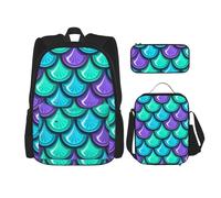 MDATT Zaino colorato a forma di squame di sirena, con portapranzo, zaino anime, borsa per la scuola, set per tre, Nero , Taglia unica, Set di zaini per la scuola