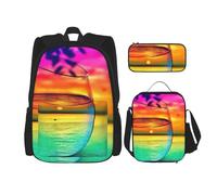 MDATT Zaino colorato in vetro per bevande al tramonto con scatola per il pranzo Anime zaino scuola borsa Bookbag zaino set per tre, Nero , Taglia unica, Set di zaini per la scuola