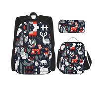 MDATT Zaino con animali scandinavi con portapranzo e astuccio da 7,6 cm, zaino Kawaii con borsa per il pranzo abbinata
