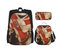 MDATT Zaino con bandiera britannica con chitarra e portapranzo, zaino anime, borsa per la scuola, set per tre, Nero , Taglia unica, Set di zaini per la scuola
