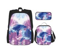 MDATT Zaino con delfini innamorati con portapranzo anime, zaino per la scuola, set per tre, Nero , Taglia unica, Set di zaini per la scuola