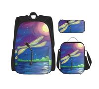 MDATT Zaino con disegno di libellula, con portapranzo, zaino anime, borsa per la scuola, set per tre, Nero , Taglia unica, Set di zaini per la scuola