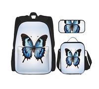 MDATT Zaino con farfalla blu con portapranzo e astuccio da 7,6 cm, con borsa per il pranzo abbinata