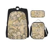 MDATT Zaino con fiori della natura con scatola per il pranzo, zaino anime, borsa per la scuola, borsa per libri, zaino set per tre, Nero , Taglia unica, Set di zaini per la scuola