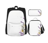 MDATT Zaino con fiori di lavanda con portapranzo, zaino anime, borsa per la scuola, set per tre, Nero , Taglia unica, Set di zaini per la scuola