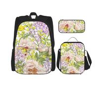 MDATT Zaino con fiori viola e gialli con portapranzo, zaino anime, borsa per la scuola, borsa per libri, zaino set per tre, Nero , Taglia unica, Set di zaini per la scuola