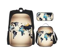 MDATT Zaino con mappa del mondo astratta con portapranzo e astuccio da 7,6 cm, zaino Kawaii con borsa per il pranzo abbinata