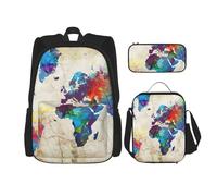 MDATT Zaino con mappa del mondo astratta con scatola per il pranzo, zaino per la scuola, borsa per libri e zaino set per tre, Nero , Taglia unica, Set di zaini per la scuola