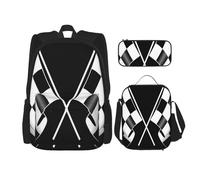 MDATT Zaino con motivo a bandiere a scacchi, nero, bianco, con scatola per il pranzo, zaino anime, borsa per la scuola, set per tre, Nero , Taglia unica, Set di zaini per la scuola