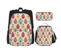 MDATT Zaino con motivo a coccinelle e cartoni animati, con scatola per il pranzo, zaino per la scuola, set per tre, Nero , Taglia unica, Set di zaini per la scuola