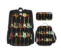 MDATT Zaino con motivo chitarra artistica con portapranzo, zaino anime, borsa per la scuola, set per tre, Nero , Taglia unica, Set di zaini per la scuola