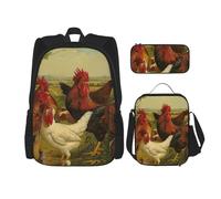 MDATT Zaino con motivo di galline e fattoria con portapranzo, zaino anime, borsa per la scuola, set per tre, Nero , Taglia unica, Set di zaini per la scuola