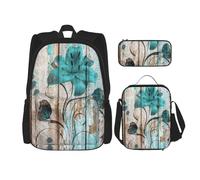 MDATT Zaino con motivo floreale su tavola di legno con portapranzo, zaino anime, borsa per la scuola, set per tre, Nero , Taglia unica, Set di zaini per la scuola