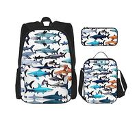 MDATT Zaino con motivo squali con portapranzo e astuccio da 7,6 cm, zaino Kawaii con borsa per il pranzo abbinata