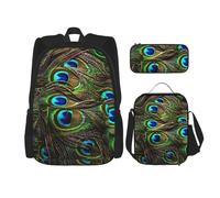 MDATT Zaino con piume di pavone con portapranzo anime, zaino per la scuola, borsa per libri e zaino set per tre, Nero , Taglia unica, Set di zaini per la scuola