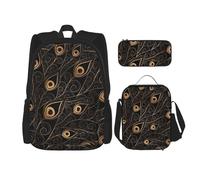 MDATT Zaino con piume di pavone dorato con portapranzo anime, zaino per la scuola, borsa per libri e zaino set per tre, Nero , Taglia unica, Set di zaini per la scuola