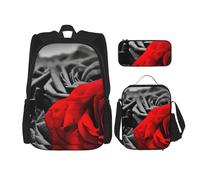 MDATT Zaino con rose nere bianche e rosse con portapranzo, zaino anime, borsa per la scuola, set per tre, Nero , Taglia unica, Set di zaini per la scuola