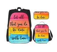 MDATT Zaino con scritta "Let All You Do Be Done with Love" con portapranzo, zaino anime, borsa per la scuola, set per tre, Nero , Taglia unica, Set di zaini per la scuola
