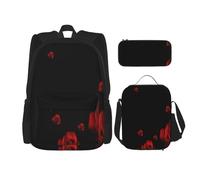 MDATT Zaino con sfondo nero rosa rossa con portapranzo, zaino anime, borsa per la scuola, borsa per libri, set per tre, Nero , Taglia unica, Set di zaini per la scuola