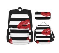 MDATT Zaino con stampa di labbra bianche e nere a righe con portapranzo, zaino anime, borsa per la scuola, set per tre, Nero , Taglia unica, Set di zaini per la scuola
