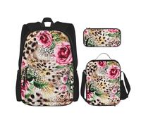 MDATT Zaino con stampa leopardata con motivo animale, tigre, rosa, con portapranzo, zaino per la scuola, set per tre, Nero , Taglia unica, Set di zaini per la scuola