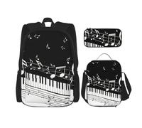MDATT Zaino con tasti di pianoforte con note musicali, con portapranzo, zaino anime, borsa per la scuola, set per tre, Nero , Taglia unica, Set di zaini per la scuola