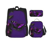 MDATT Zaino con tasti di pianoforte e note musicali, con portapranzo e astuccio da 7,6 cm, zaino Kawaii con borsa per il pranzo abbinata, Una farfalla viola prugna, One Size, Zaini Daypack