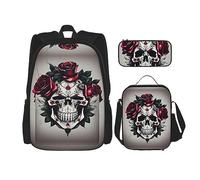 MDATT Zaino con teschio di rose rosse con portapranzo e astuccio da 7,6 cm, zaino Kawaii con borsa per il pranzo abbinata