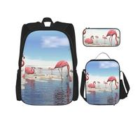 MDATT Zaino Kawaii con portapranzo, set 3 in 1 astuccio abbinato, divertente collezione di scaffali per libri e scala, Stormo Di Fenicotteri Rosa Sulla Spiaggia, Taglia unica