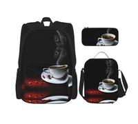 MDATT Zaino Kawaii con portapranzo, set 3 in 1 astuccio abbinato, motivo floreale di loto, Caffè caldo con chicco di caffè, Taglia unica