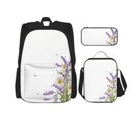 MDATT Zaino Kawaii con portapranzo, set 3 in 1 astuccio abbinato, motivo floreale di loto, Fiore di lavanda, Taglia unica