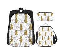MDATT Zaino Kawaii con portapranzo Set 3 in 1 astuccio per matite Bundle abbinato combo, pittura artistica astratta grigia e gialla, Oro Glitter Ananas Frutta, Taglia unica