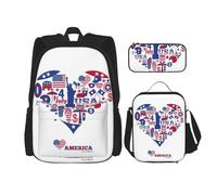 MDATT Zaino Kawaii con portapranzo Set 3 in 1 astuccio per matite Bundle Combo abbinato, simboli musicali amore, Modello Cuore Giorno Indipendenza America, Taglia unica