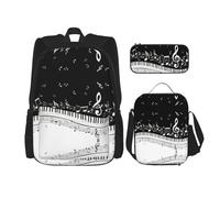 MDATT Zaino Kawaii con portapranzo Set 3 in 1 astuccio per matite Bundle coordinato combinato, cactus, Tasti per pianoforte con note musicali, Taglia unica