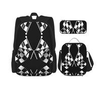 MDATT Zaino Kawaii con portapranzo Set 3 in 1 astuccio per matite Bundle coordinato combinato, farfalle blu, Formula Bianca Nero A Scacchi Bandiere Pattern, Taglia unica