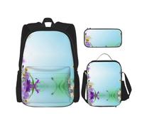 MDATT Zaino Kawaii con portapranzo Set 3 in 1 astuccio per matite Bundle coordinato combinato, fiori rosa rosa, Margherita bianca con fiori viola, Taglia unica