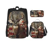 MDATT Zaino Kawaii con portapranzo Set 3 in 1 astuccio per matite Bundle coordinato Combo, bandiera americana cervo, Bandiera Americana Deer, Taglia unica