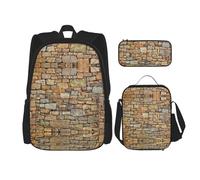 MDATT Zaino Kawaii con portapranzo Set 3 in 1 astuccio per matite Bundle coordinato Combo, cavalli da fattoria di montagna, Muro di pietra gialla di mattoni, Taglia unica