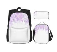 MDATT Zaino Kawaii con portapranzo Set 3 in 1 astuccio per matite Bundle coordinato combo, pittura di paesaggio, Incorniciare fiori lilla in fiore, Taglia unica