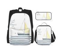 MDATT Zaino Kawaii con portapranzo Set 3 in 1 astuccio per matite Bundle coordinato combo, pittura di paesaggio, Words Stripes Yacht, Taglia unica