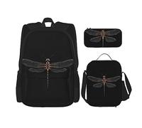 MDATT Zaino nero con libellula con portapranzo e astuccio da 7,6 cm, zaino kawaii con borsa per il pranzo abbinata