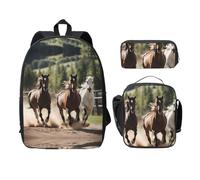 MDATT Zaino versatile con tre cavalli che corrono, con borsa per il pranzo, astuccio per matite, attrezzatura da viaggio leggera per tutti i giorni, Nero , Taglia unica, Organizer per borse