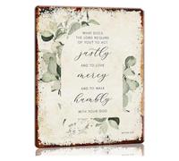 MDBJTCYZN Religious Metal Wall Decor Micah 6 8 Walk Humbly with God Gentle Eucalyptus Leaf Pattern Tin Sign for Bedroom Prayer Room Entryway X 12 inch