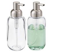 mDesign Set da 2 Portasapone Liquido Ricaricabile - Pratico Dispenser Sapone in plastica - capacità di 385 m l- Dosatore Sapone Rotondo per Il Bagno e la Cucina - Trasparente/Argento Opaco