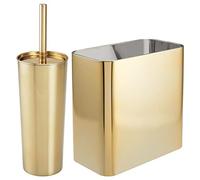 mDesign - Set di 2 spazzole e scodella per WC in metallo, design moderno, compatto e autoportante, con cestino per rifiuti rettangolari, per riporre il bagno, robusto, pulizia profonda - Set di 2 - ottone