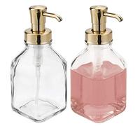 mDesign Square Glass Refillable Liquid Soap Dispenser Pump Bottle for Bathroom Vanity Countertop, Kitchen Sink - Holds Hand Soap, Dish Soap, Hand Sanitizer, Essential Oils - 2 Pack - Clear/Soft Brass