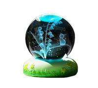 MDFCWJATHI Crystal Ball Engraved with 3D Cat and Lily of The Valley Figurine with LED Colorful Base, Glass Sphere Collectible Ornament Gifts for Women Lovers,A-60mm