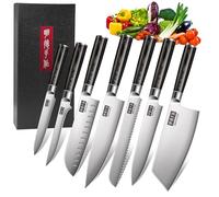 MDHAND Set di coltelli da cucina da 7 pezzi, set di coltelli in acciaio inossidabile di alta qualità, coltello da cucina professionale con lama affilata, set di coltelli con manico ergonomico in legno