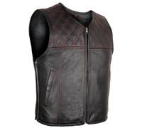 MDM Gilet in vera pelle uomo nero con cuciture rosse trapuntate, stile biker moto club, traforato e traspirante in pelle bovina di alta qualità (IT, Testo, XXL, Regular, Regular)