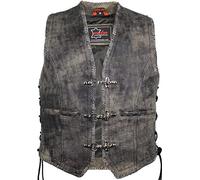 MDM Gilet Uomo In Vera Pelle Grigio Vintage Con 3 Chiusure Cromate, Lacci Laterali Regolabili, 4 Tasche, Stile Biker Retrò Unico (IT, Testo, XXL, Regular, Regular, 2XL)